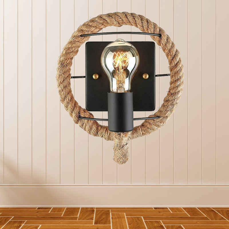 Beige One Light Sconce Light Industrial Rope Round/Oval Shade Wall Lighting Fixture for Dining Room