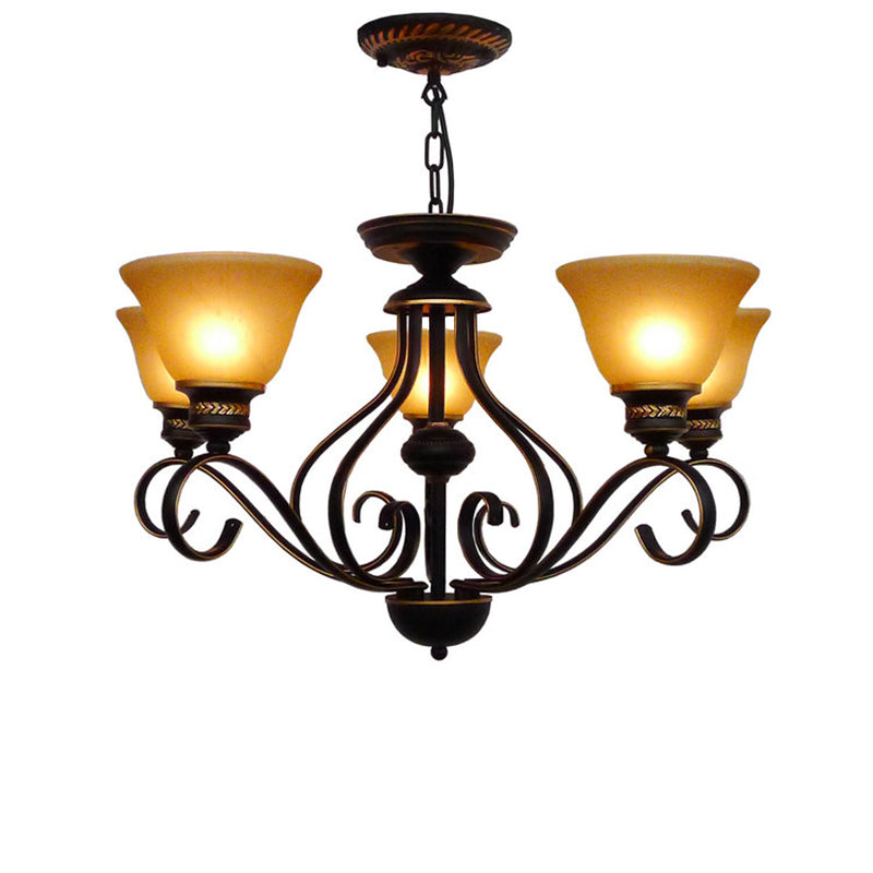5 Lights Beige Frosted Glass Hanging Chandelier Traditional Black Bell Corridor Pendant Light Fixture