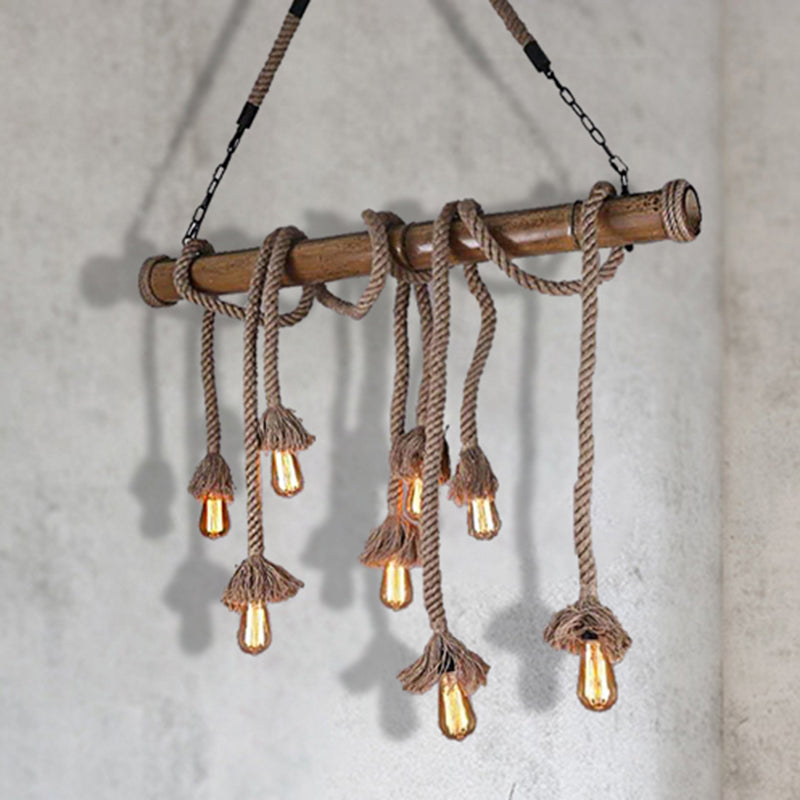 Rope Exposed Bulb Island Pendant Light Industrial 4/8 Light Dining Room Hanging Lamp in Beige