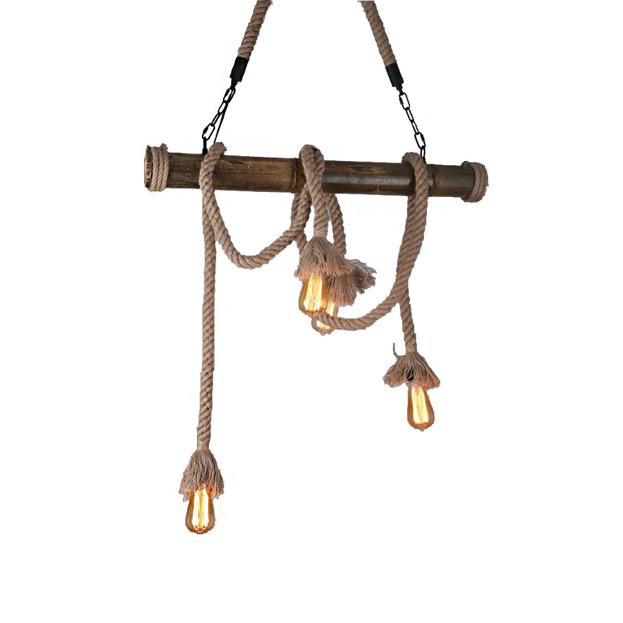 Rope Exposed Bulb Island Pendant Light Industrial 4/8 Light Dining Room Hanging Lamp in Beige