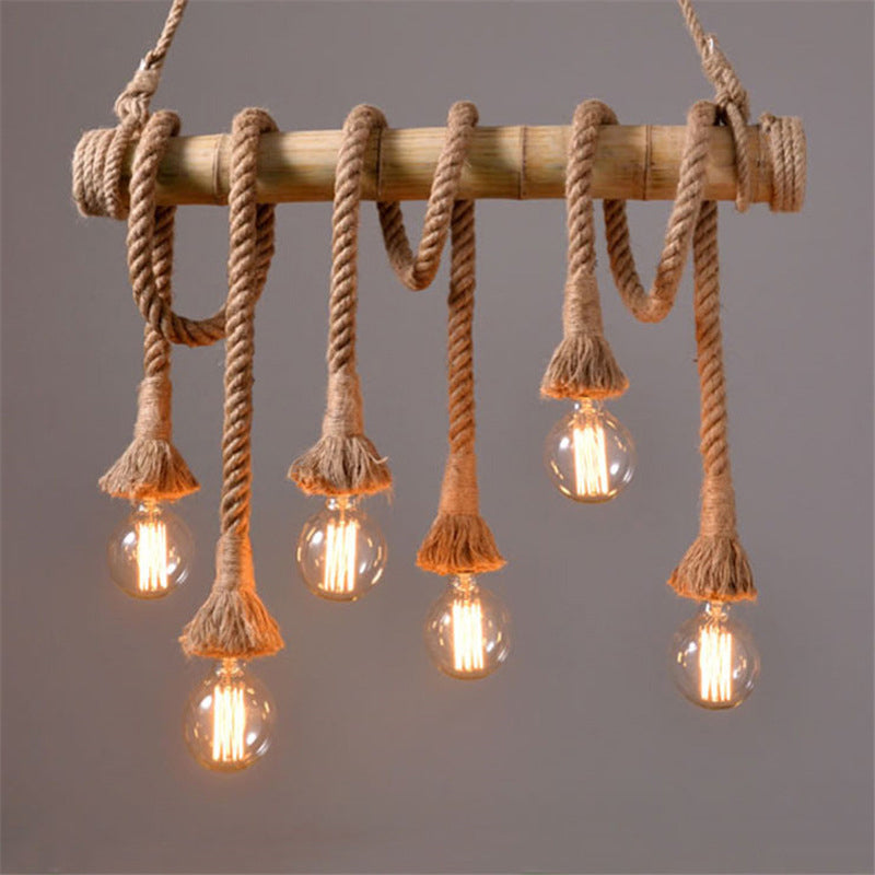 Exposed Bulb Kitchen Pendant Light Fixture Vintage Rope 4/6 Light Beige Hanging Lamp Kit