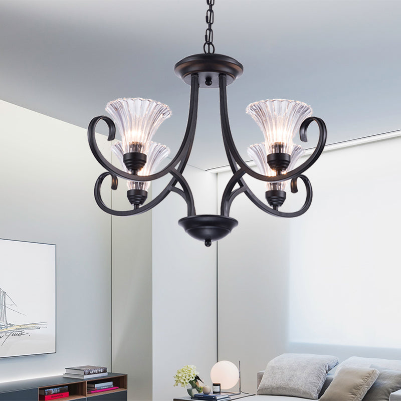 Bell Living Room Ceiling Chandelier Traditional Clear Ribbed Glass 4/6/8 Lights Black Hanging Fixture