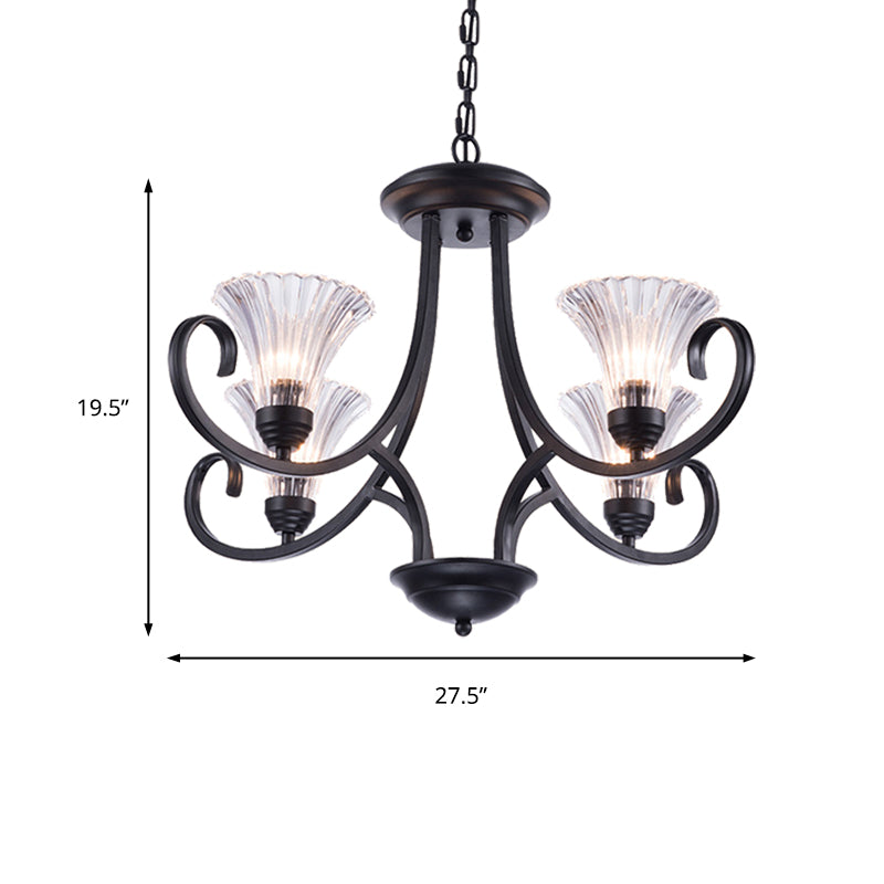 Bell Living Room Ceiling Chandelier Traditional Clear Ribbed Glass 4/6/8 Lights Black Hanging Fixture