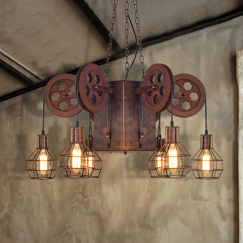 Metal Rust Pendant Lamp Caged Globe 4/6 Light Industrial Chandelier Light Fixture with Gear