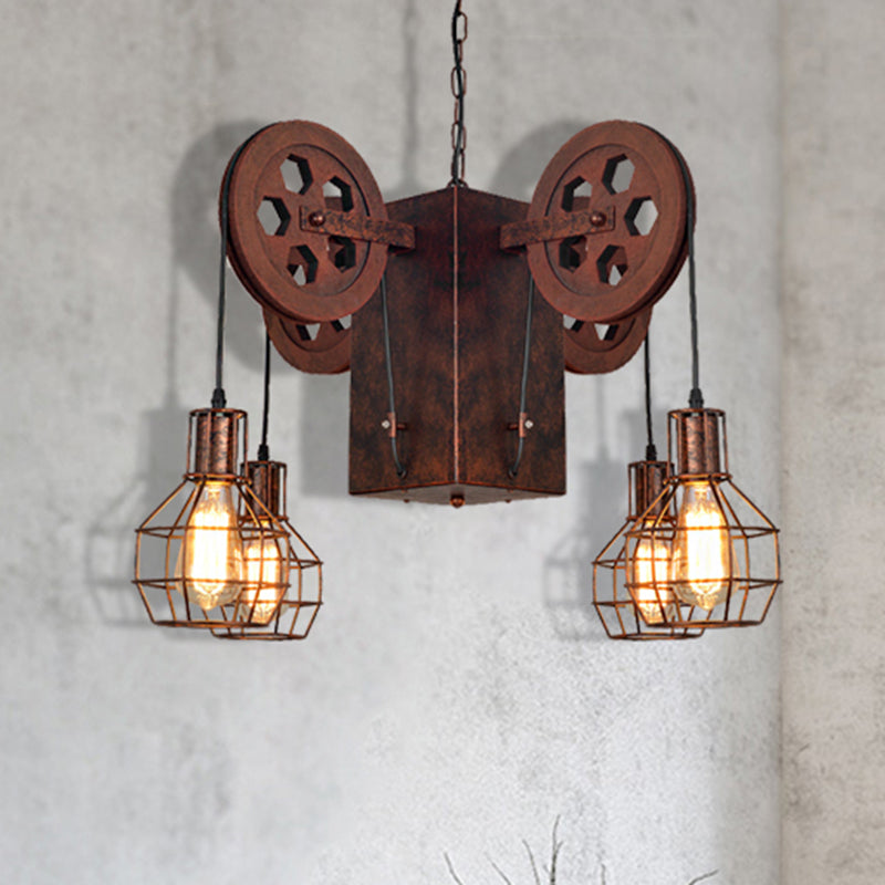 Metal Rust Pendant Lamp Caged Globe 4/6 Light Industrial Chandelier Light Fixture with Gear