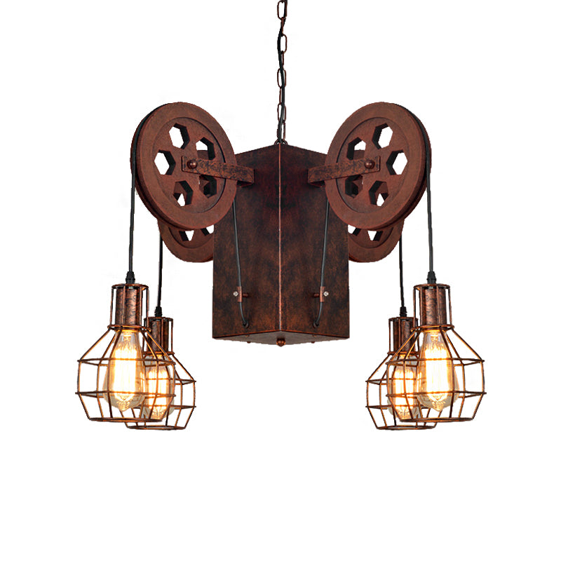 Metal Rust Pendant Lamp Caged Globe 4/6 Light Industrial Chandelier Light Fixture with Gear