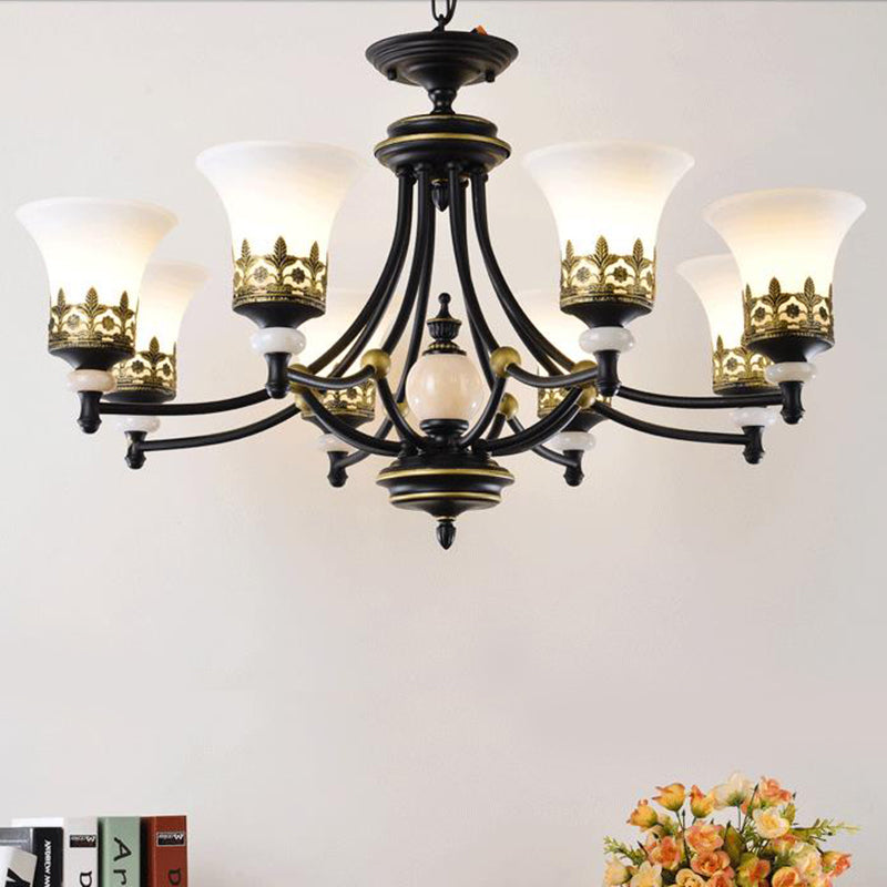 Bronze Bell Chandelier Lamp Traditional Frosted Glass 3/5/6 Lights Living Room Hanging Light
