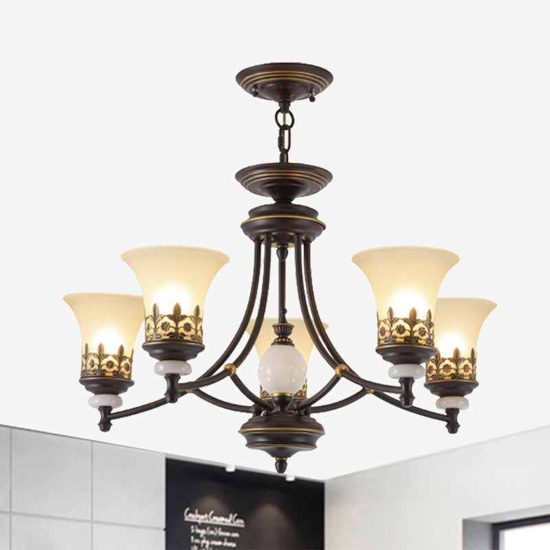 Bronze Bell Chandelier Lamp Traditional Frosted Glass 3/5/6 Lights Living Room Hanging Light