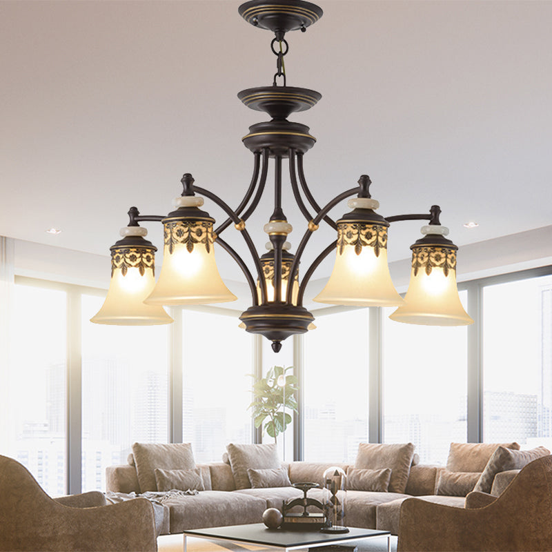 Deep Tan Bell Pendant Lighting Traditional Frosted Glass 3/5/6 Lights Living Room Chandelier