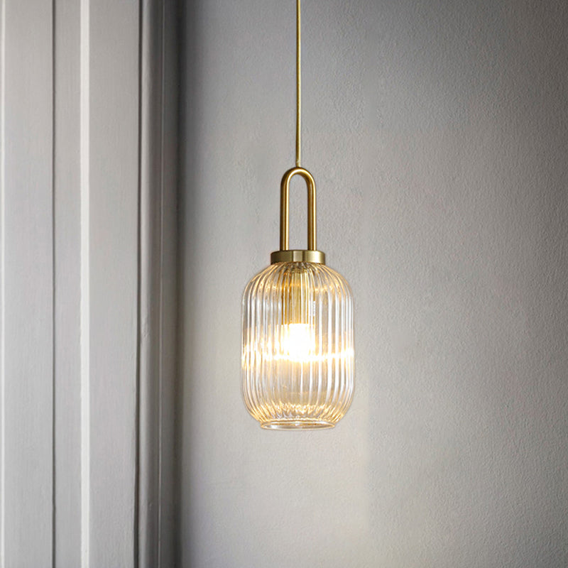 Clear Ribbed Glass Cylindrical/Drum/Globe Pendant Modernist 1 Light 6"/8"/12" Wide Gold Hanging Lamp Fixture for Kitchen