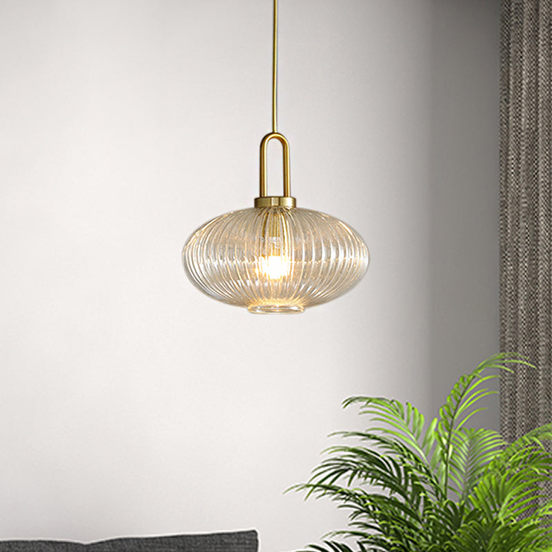 Clear Ribbed Glass Cylindrical/Drum/Globe Pendant Modernist 1 Light 6"/8"/12" Wide Gold Hanging Lamp Fixture for Kitchen