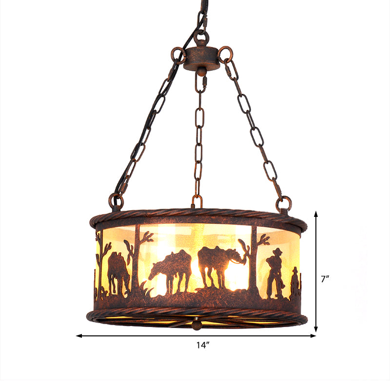 3 Bulbe Plafond tambour Shade Metal and Fabric Vintage Dining Room Prendant Pendant Light in Rust with Animal Model
