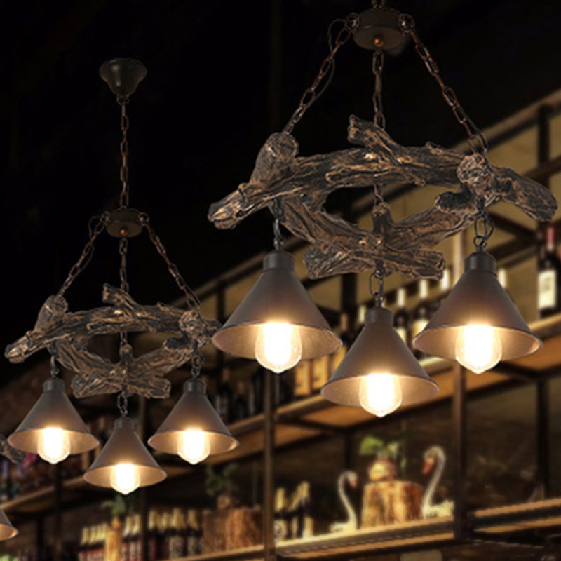 Côté à cône noir lampe industrielle métal industriel 3/5/8 Light Dining Salle suspendue Lumière avec étagère en résine