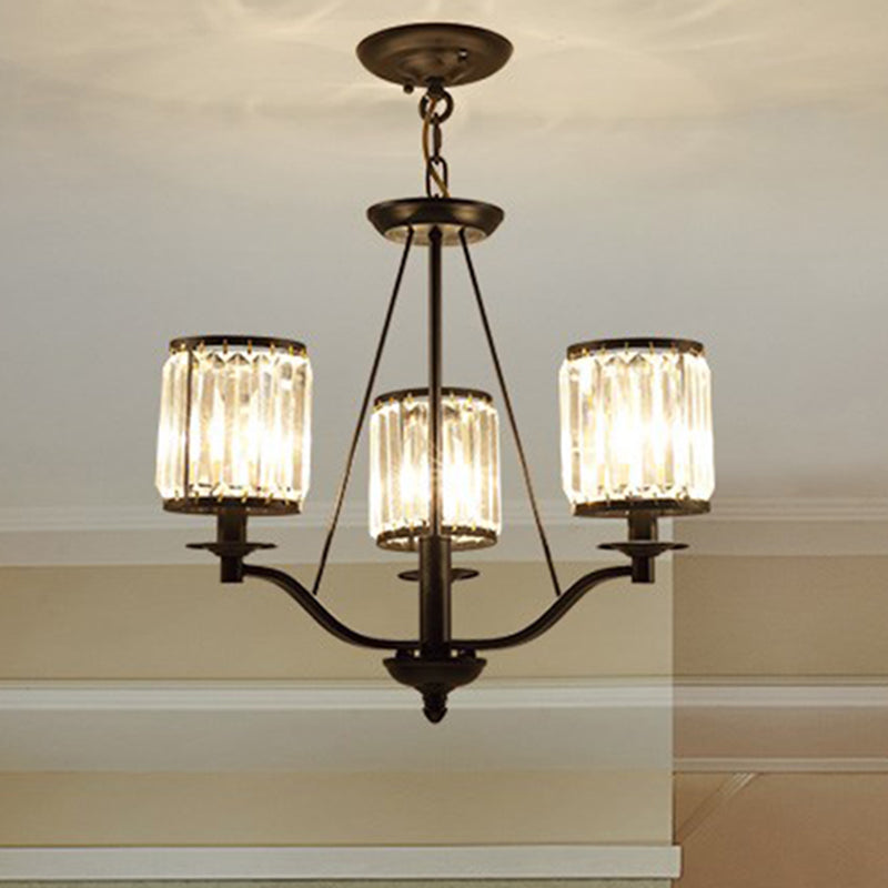 Cylinder Clear Ribbed Glass Chandelier Light Traditional 3/6 Lights Living Room Pendant Lighting in Black with Sputnik Design