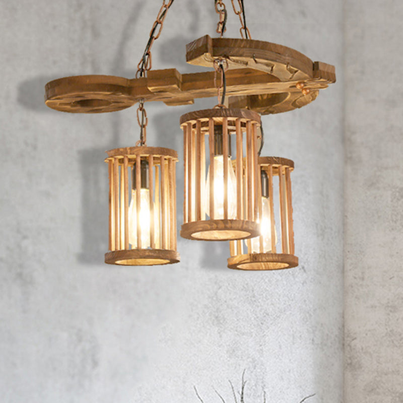 Cylinder Shade Wood Light Chandelier Industrial 3-Light Dining Dining Room Pendant Lighting with Chain