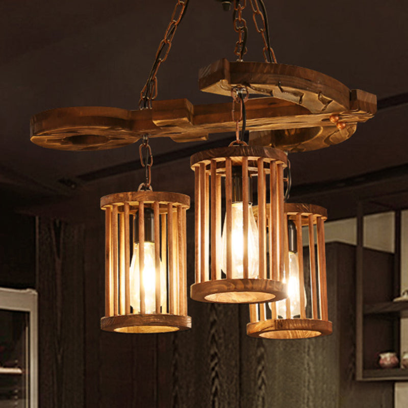 Cylinder Shade Wood Light Chandelier Industrial 3-Light Dining Dining Room Pendant Lighting with Chain