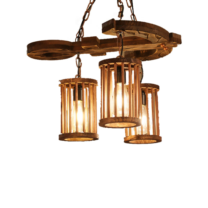 Cylinder Shade Wood Light Chandelier Industrial 3-Light Dining Dining Room Pendant Lighting with Chain