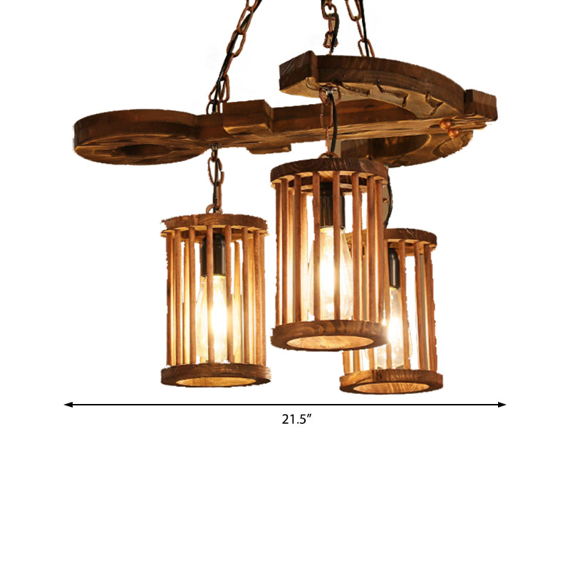 Cylinder Shade Wood Light Chandelier Industrial 3-Light Dining Dining Room Pendant Lighting with Chain