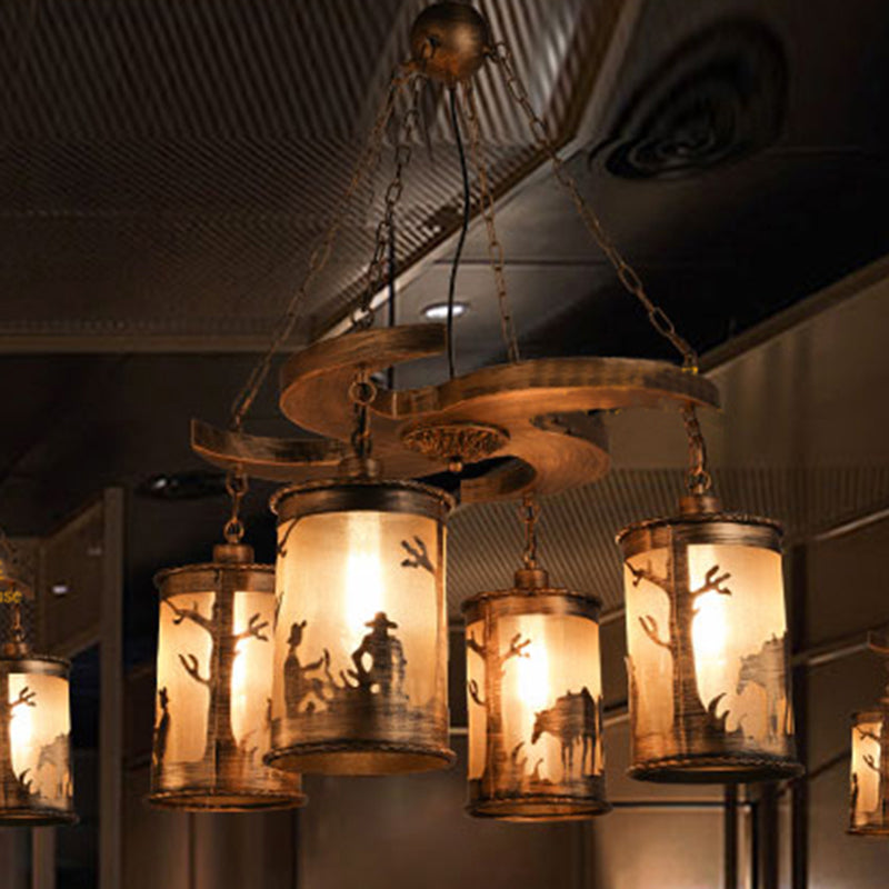 Bronze Cylinder Chandelier Lamp Vintage Metal 4-Light Dining Room Hanging Light with Wooden Shelf and Fabric