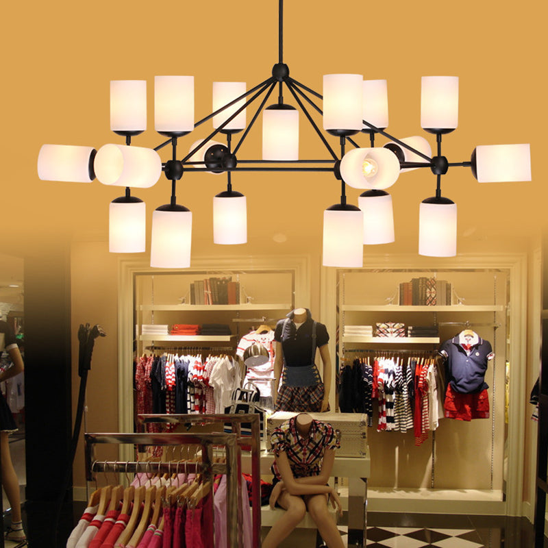 Iluminación colgante de sombra de cilindro negro vaso ópalo de ópalo 18 luces lámpara de estar