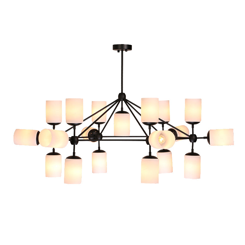Black Cylinder Shade Pendant Lighting Classic Opal Glass 18 Lights Living Room Chandelier