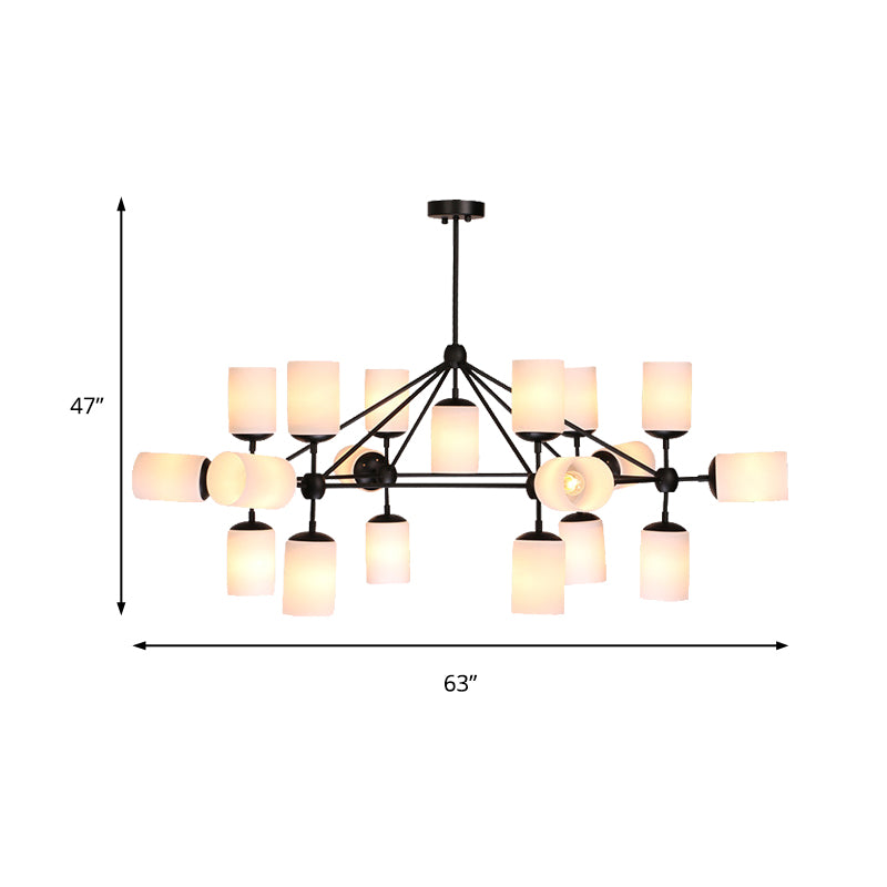 Iluminación colgante de sombra de cilindro negro vaso ópalo de ópalo 18 luces lámpara de estar