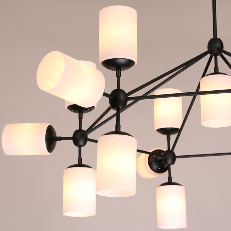 Black Cylinder Shade Pendant Lighting Classic Opal Glass 18 Lights Living Room Chandelier