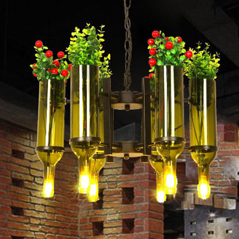 Bouteille de vin en verre vert lustre clair industriel 6-Light Dining Room Pendant Lighting avec fleur