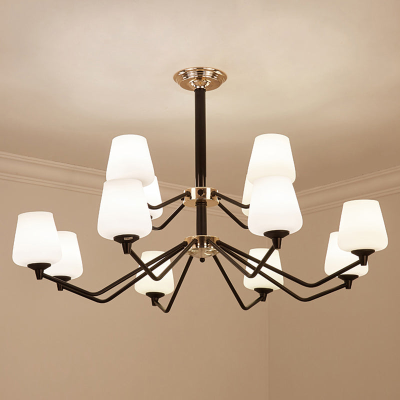 Opal Glass Black Pendant Lamp Sputnik 12 Lights Traditional Chandelier Light Fixture with Cup Shade