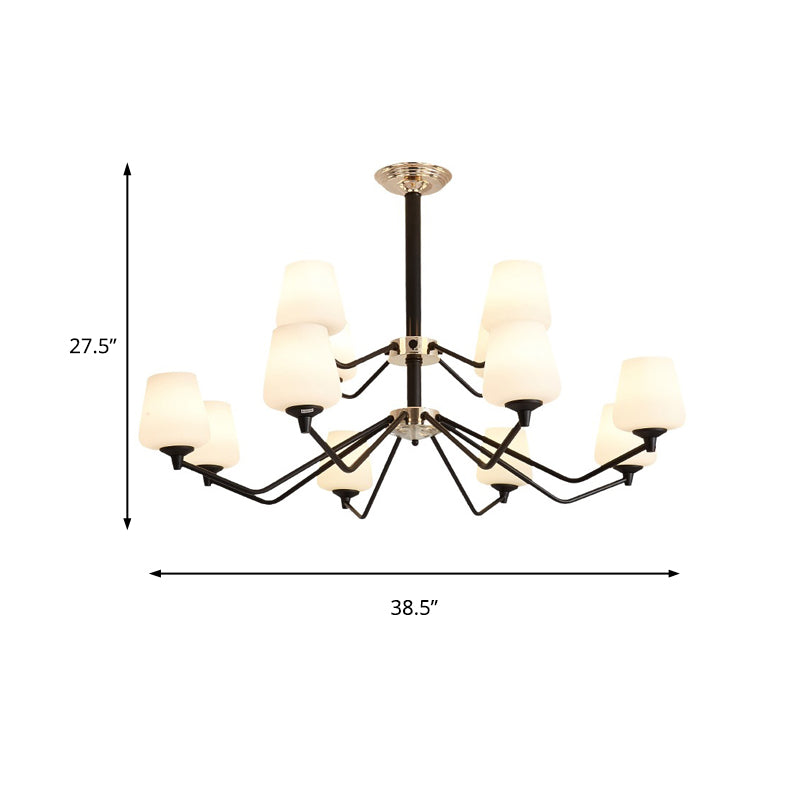 Opal Glass Black Pendant Lamp Sputnik 12 Lights Traditional Chandelier Light Fixture with Cup Shade