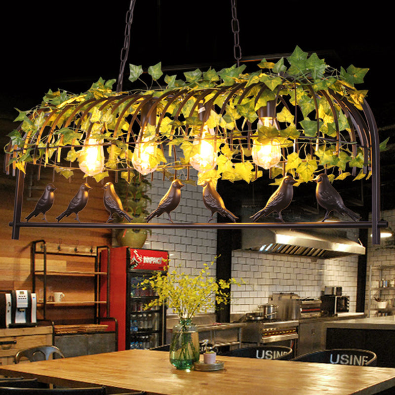 4-Light Caged Island Light Industrial Black Metal Pendant Lighting for Dining Room with Bird