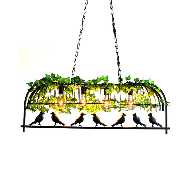 4-Light Caged Island Light Industrial Black Metal Pendant Lighting for Dining Room with Bird