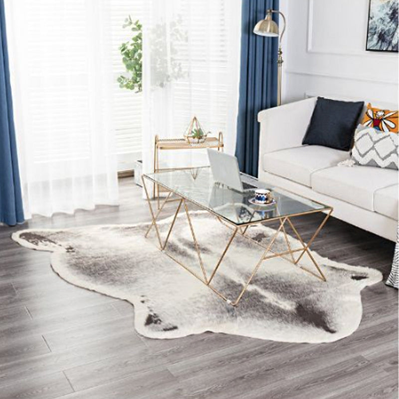 White and Grey Minimalist Rug Synthetics Faux Badger Skin Carpet Washable Pet Friendly Non-Slip Backing Rug for Living Room