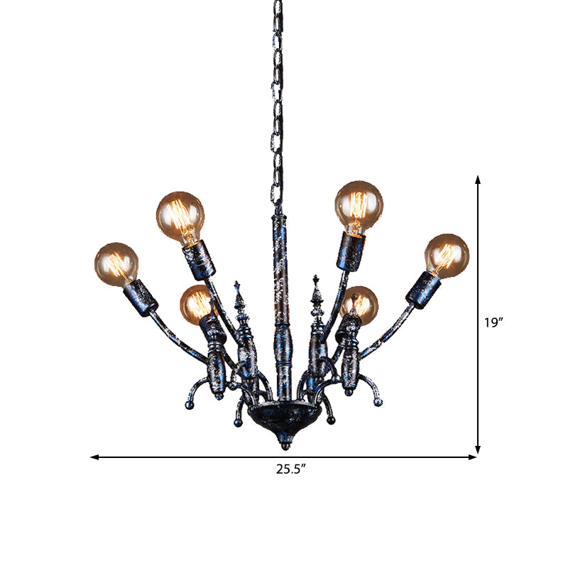 Black 6 Lights Chandelier Light Fixture Vintage Metal Exposed Bulb Pendant Lamp with Sputnik Shade