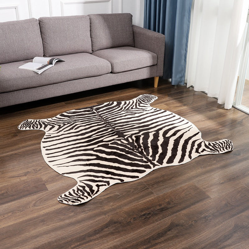 Irregular Shape Zebra Printed Rug Black Modernist Rug Polyester Washable Anti-Slip Backing Pet Friendly Carpet for Room