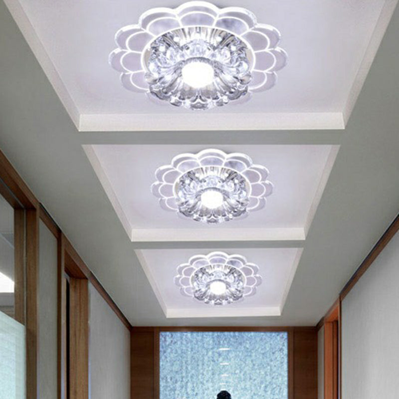 Modern Style Blossom Shaped Flush Light Crystal Hallway LED Flush Ceiling Light Fixture in Clear