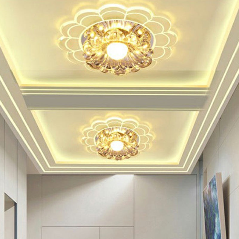 Modern Style Blossom Shaped Flush Light Crystal Hallway LED Flush Ceiling Light Fixture in Clear