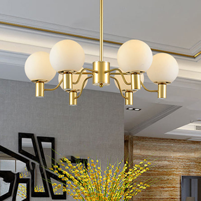 6 Lights Frosted Glass Pendant Chandelier Traditional Brass Globe Living Room Hanging Ceiling Fixture