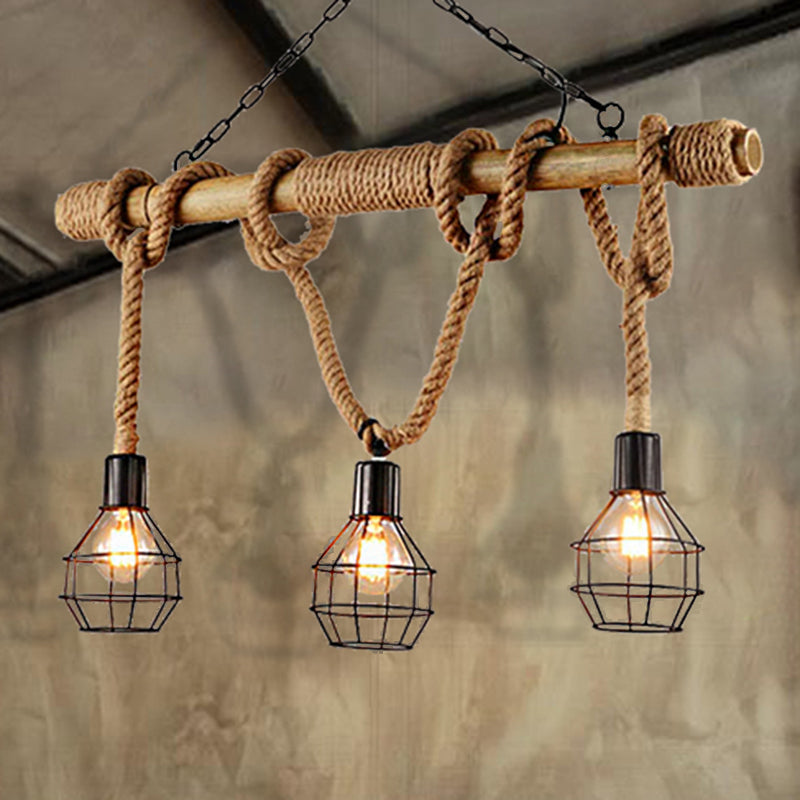 Black Globe Island Light Fixture Vintage Metal 3 Lights Dining Room Hanging Lamp with Cage