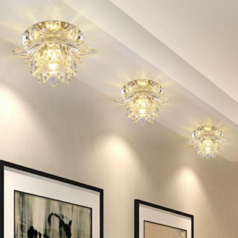 Lotus-Shaped Entryway LED Flush Mount Crystal Modern Flushmount Ceiling Light in Clear