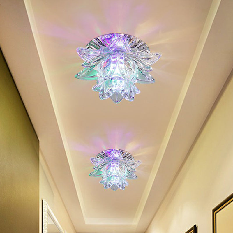 Lotus-Shaped Entryway LED Flush Mount Crystal Modern Flushmount Ceiling Light in Clear