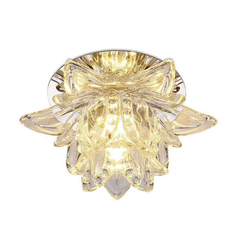 Lotus-Shaped Entryway LED Flush Mount Crystal Modern Flushmount Ceiling Light in Clear