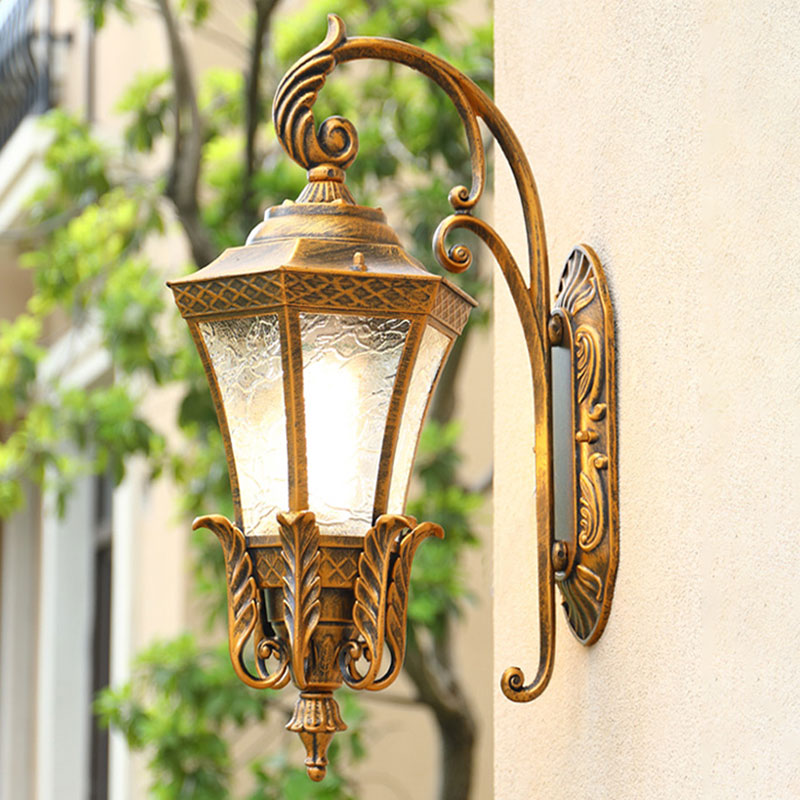 Lampada da parete per esterni a 1 luce esagonale in alluminio con montaggio a parete, retro, con paralume in vetro strutturato