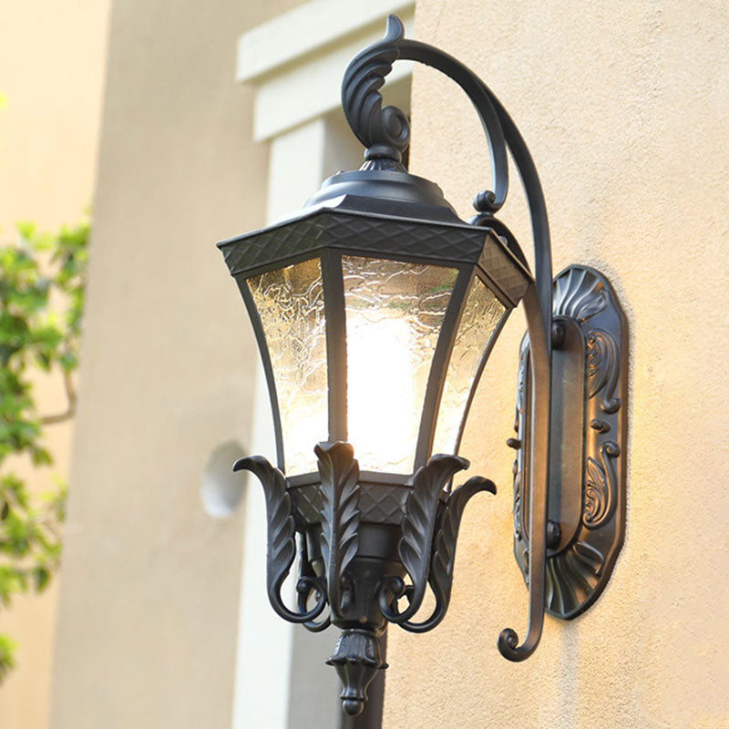 Lampada da parete per esterni a 1 luce esagonale in alluminio con montaggio a parete, retro, con paralume in vetro strutturato