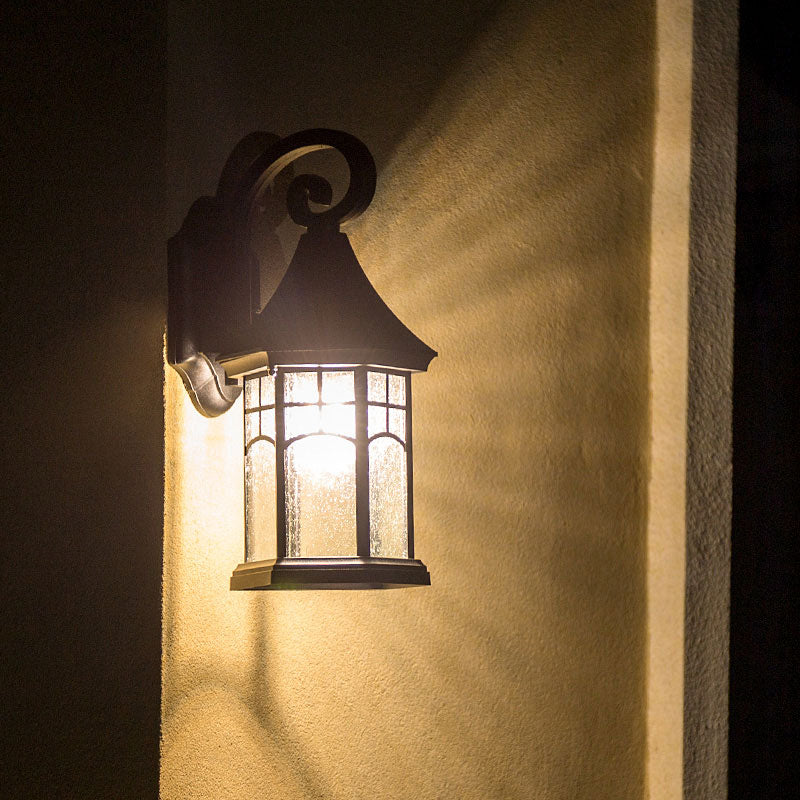 Seedy Glass Pavilion Shaped Wall Light Classic 1 Head Courtyard Wall Lighting Fixture in Black