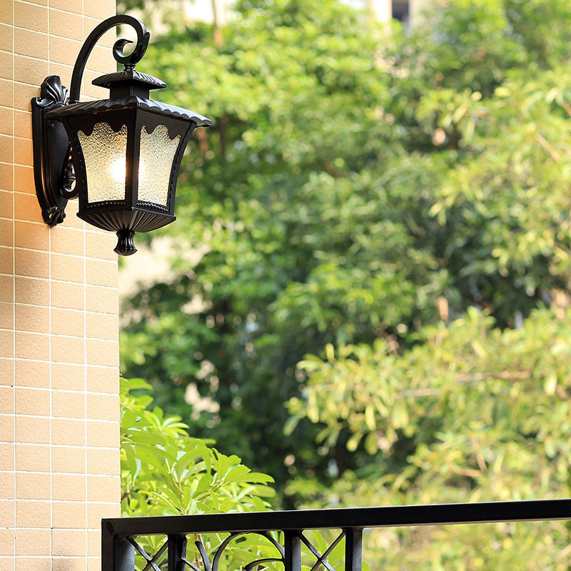 1 Head Wall Light Fixture Vintage Lantern Shaped Seedy Glass Wall Mounted Lamp in Black for Yard