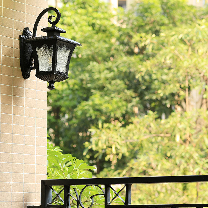 1 Head Wall Light Fixture Vintage Lantern Shaped Seedy Glass Wall Mounted Lamp in Black for Yard