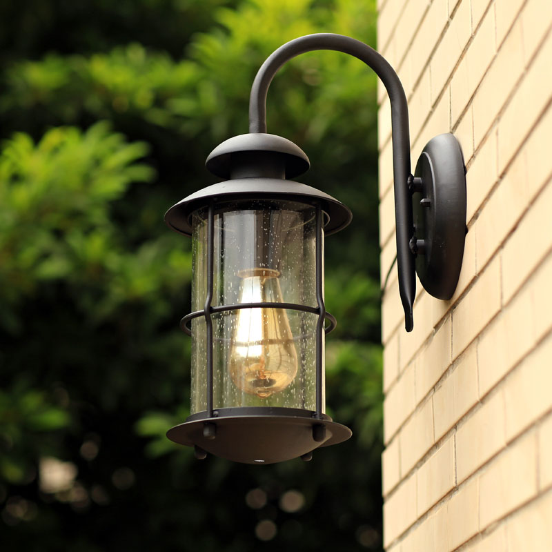 Cylinder Shaped Clear Glass Wall Mount Light Retro 1-Light Outdoor Wall Lighting in Black