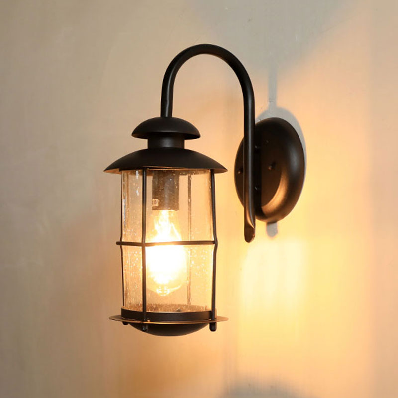 Cylinder Shaped Clear Glass Wall Mount Light Retro 1-Light Outdoor Wall Lighting in Black