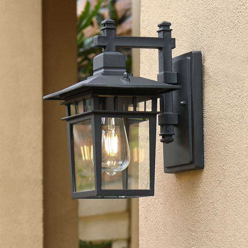Single-Bulb Wall Lighting Vintage House Aluminium Wall Sconce Lamp with Clear Glass Shade in Textured Black